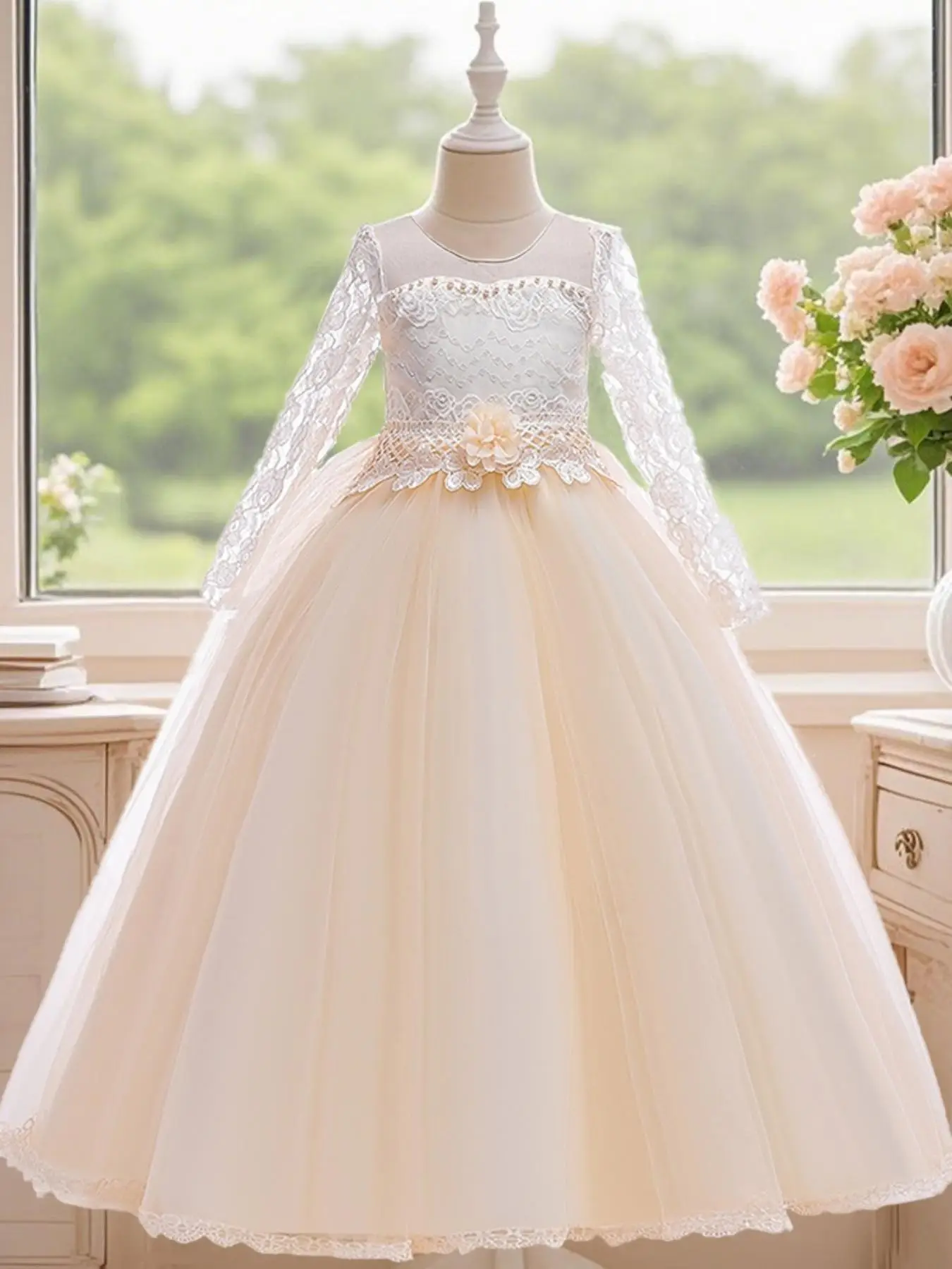 Toddler Girl's Floral Lace Elegant Dress, Kids Party Wedding Gown, Little Girls Clothes for All Seasons