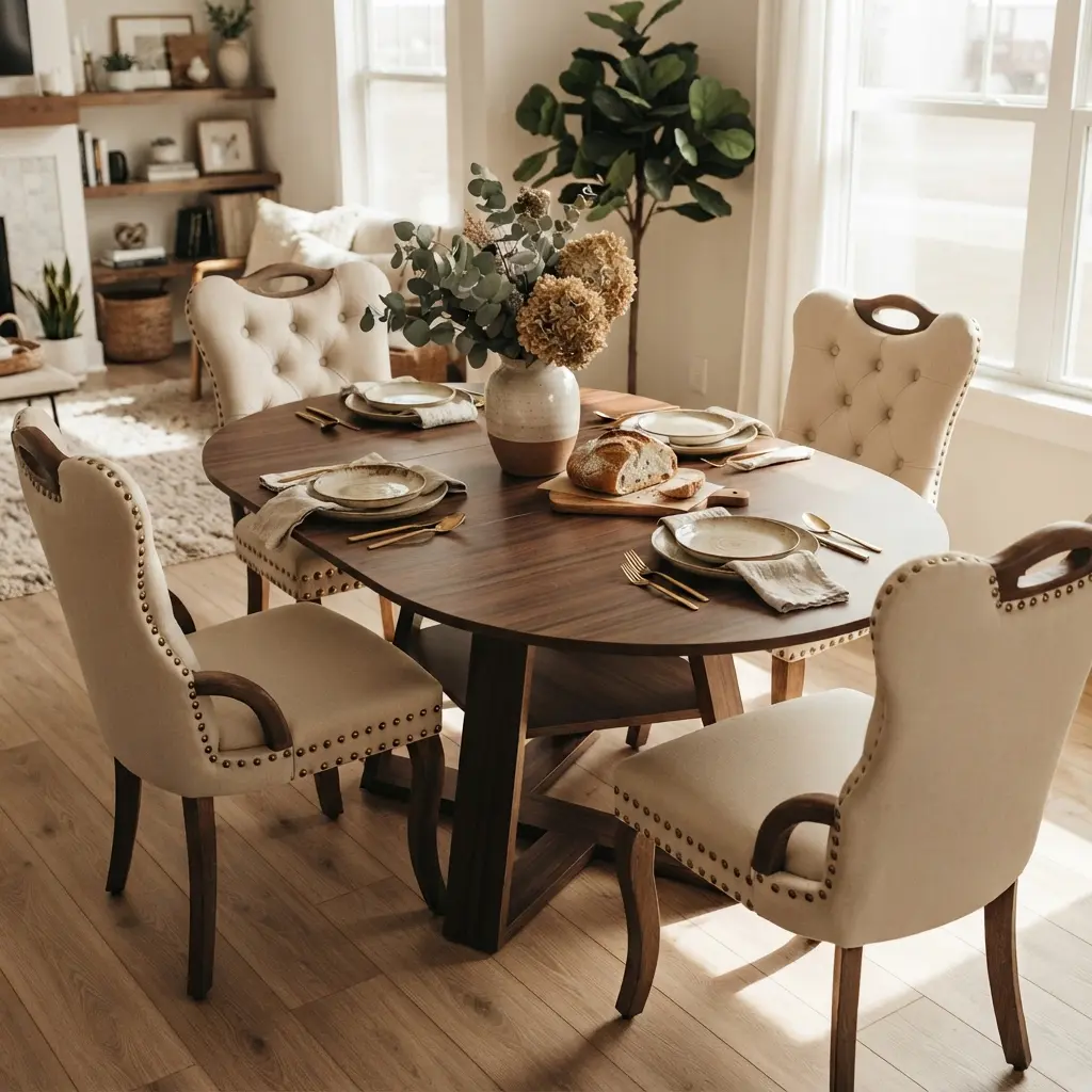 Modern Farmhouse 5-Piece Dining Set, Extendable Round to Oval Table with Storage Shelf & 4 Beige Velvet Tufted Chairs, Walnut Kitchen Dining Room