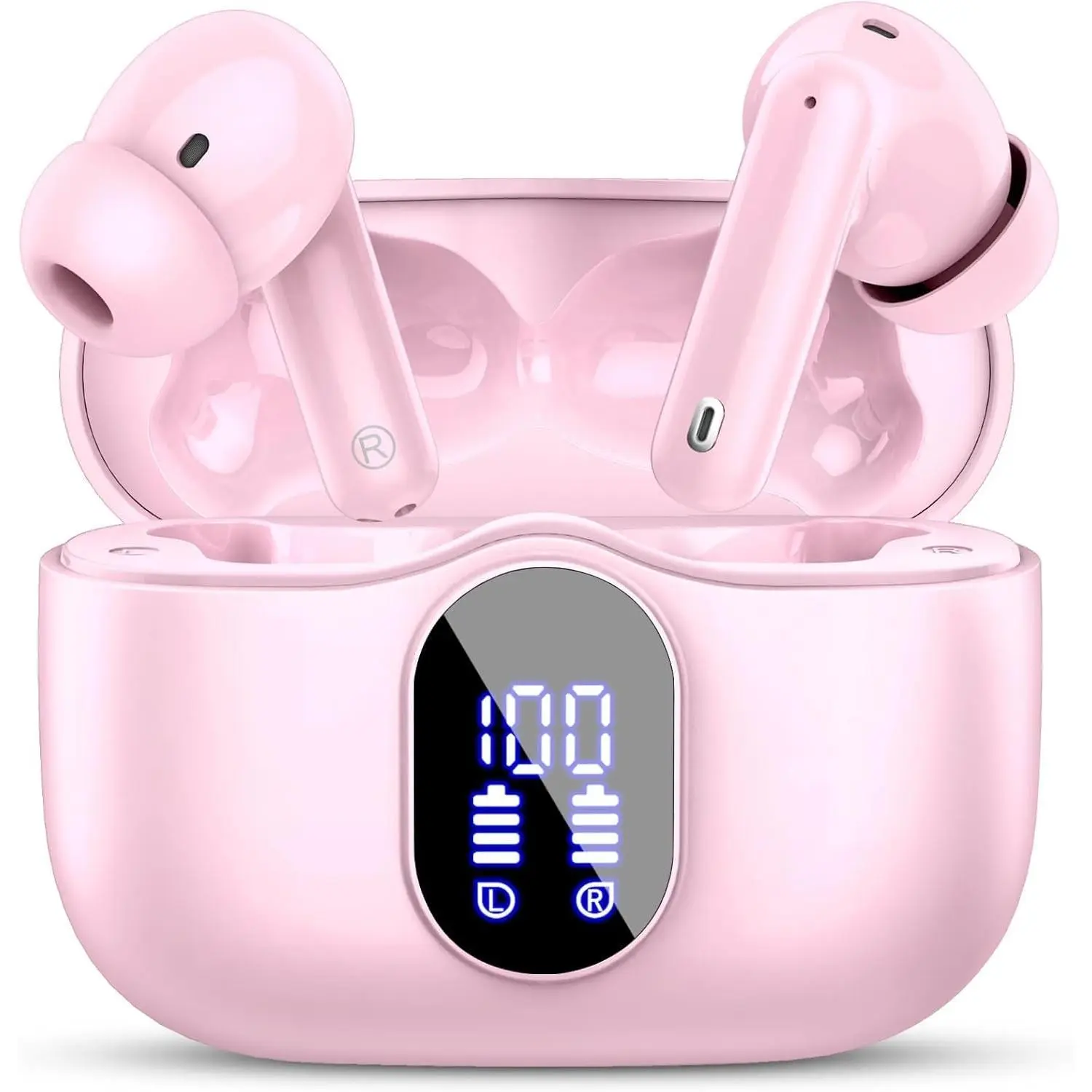 SQ-HPS014-GJ Pink Silicone Electronic Chargeable Wireless Bluetooth 5.4 Headset Earbuds, Bass Stereo, Noise Cancelling Mic, IP7 Waterproof, Automatic Charging, 36H LED Display Batteries for Phones, Sports, In Ear
