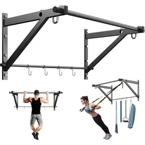 Wall Mounted Pull Up Bar, Strength  Chin Up Bar with Hooks, Adjustable Depth Pull-up Bar with 500LBS Weight Capacity, Heavy Duty Gym