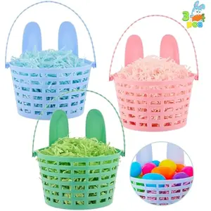 3 PCS Easter Plastic Baskets with Bunny Ears, Handle and 72g Shredded Paper Grass for Garden Party Favors, Easter Eggs Hunt, Goodies Gifts Spring Celebrations, Basket Fillers Stuffers Toy