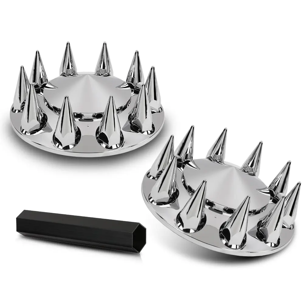 Semi Truck Front Hub Set, 33mm Chrome Spiked Wheel Nut Covers & Wheel Disc Cover Rims, 2Pcs Exterior Accessories for Freightliner Peterbilt Kenworth Volvo Commercial Rigs Rims