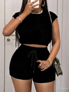 Two-piece Set Women's Camo Print Crop Top & Drawstring Waist Shorts, Casual Fashion Cozy Round Neck Top & High Waist Shorts for Daily Outdoor Wear, Ladies Summer Clothes, Womenswear