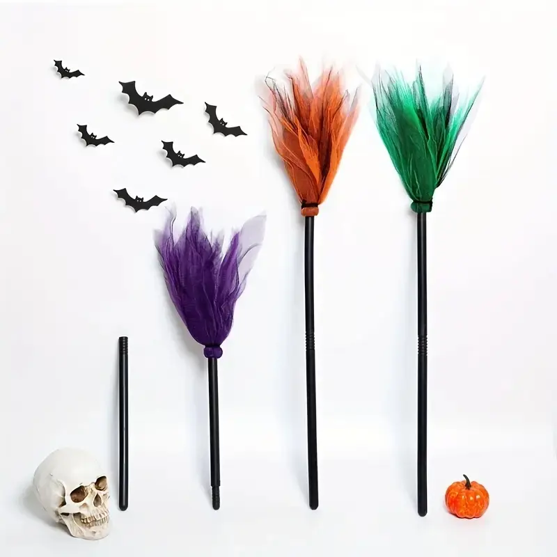 Halloween Witch Broom Cosplay Prop, Detachable Mesh Ghost Festival Party Decorations, Instant Witch Transformation Accessory