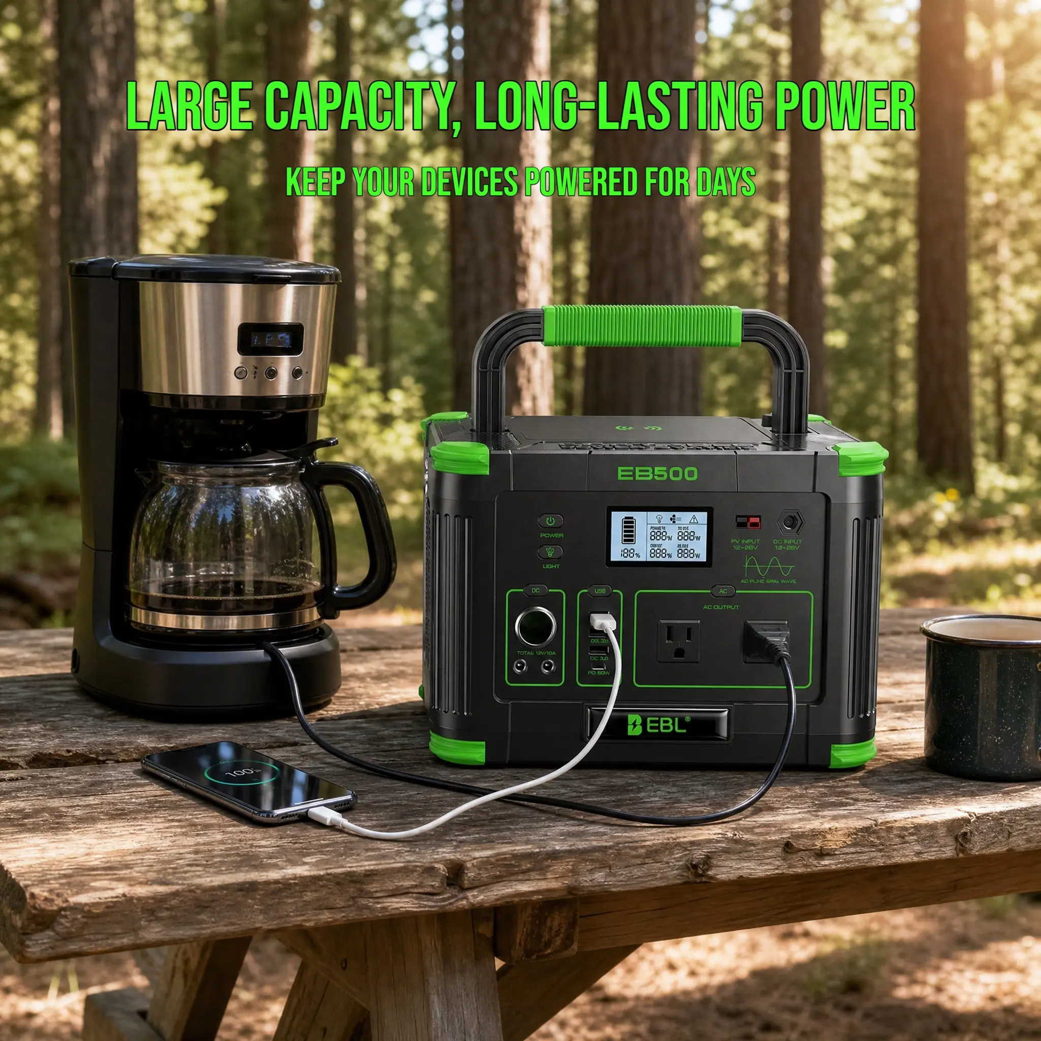 EBL 518Wh Portable Power Station with 500W Pure Sine Wave Output Forest  for Indoor and Outdoor Use