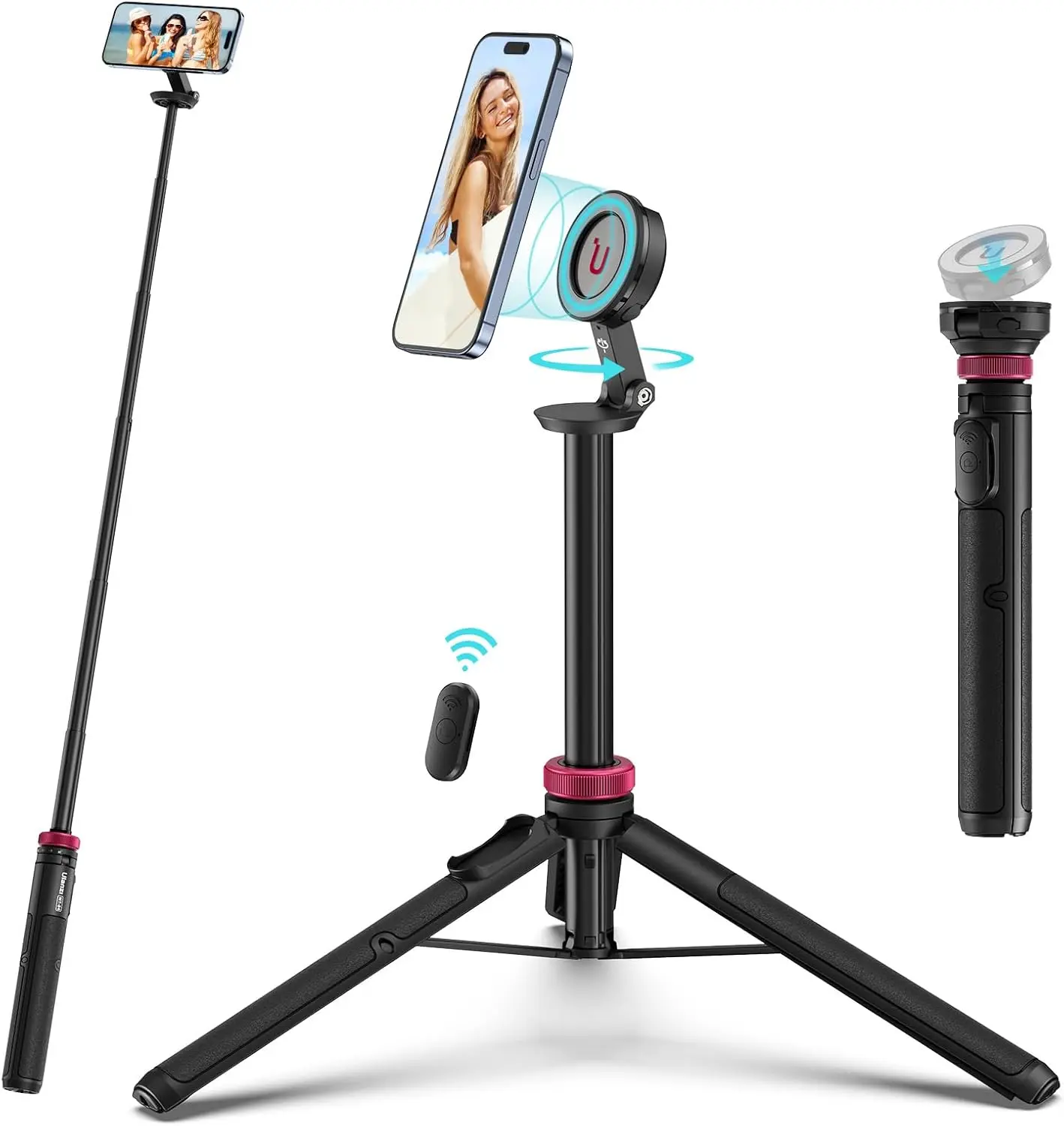 61'' Magnetic Selfie Stick Phone Tripod with Wireless Remote, Extendable Cell Phone Holder Stand, Compatible with Magsafe, Cellphone Tripod for Iphone 17 16 15 14 13 12 and Android Phones ULANZI