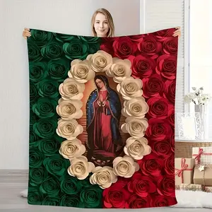 Virgin Mary and Rose Flannel Blanket - Mexican Flag Design, Green, White, and Red Roses, Soft Four Seasons Bedding, Suitable for Naps, Camping, Travel - Machine Washable Comfortable Gift for Friends and Family, Camping Blanket | Spiritual Decoration | Bri