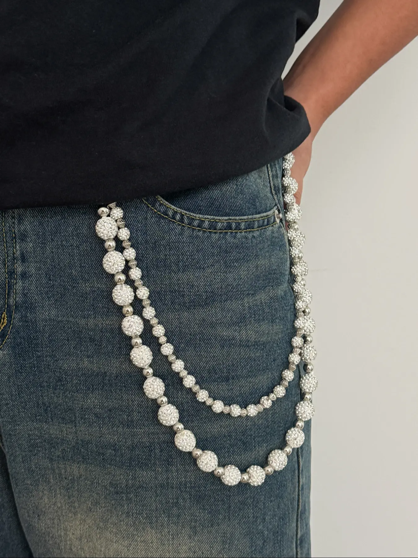 Y2K Trendy Dual-Layer Rhinestone Metal Beaded Pants Chain, Unique Waist Chain Accessory for Street Style, Body Chains