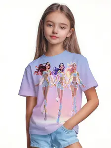 Girls Kpop Series T-Shirts, Light Gradient Stage Girl Group Print Casual Short Sleeve, Comfortable Soft Fabric, Kpop Fan Gift
