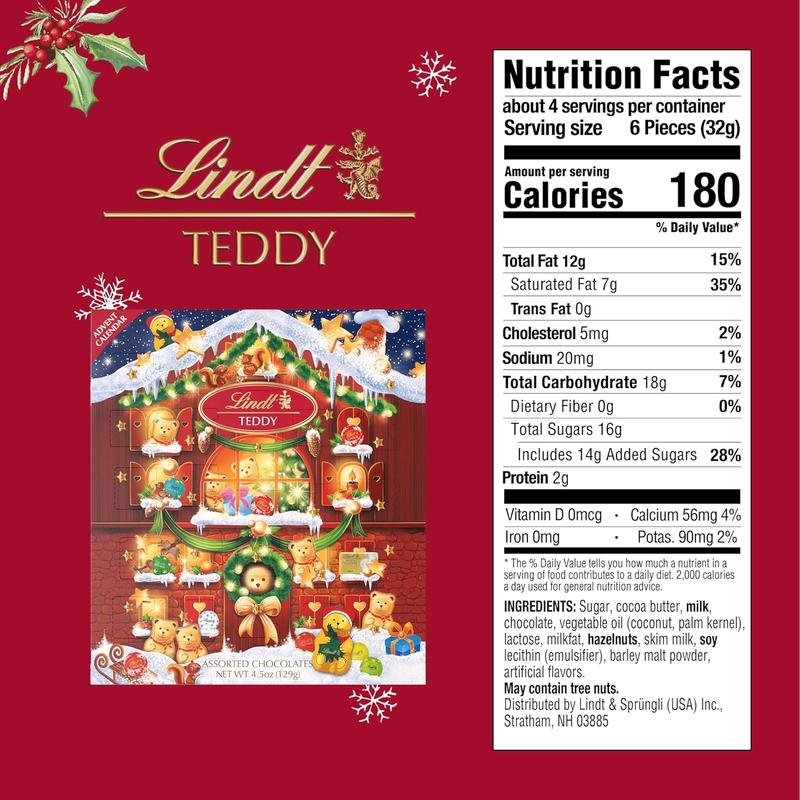 Lindt Holiday Teddy Bear Chocolate Advent Calendar 4.5 oz Assorted Chocolates for Kids & Adults Individually Wrapped in Festive Foil - Snack