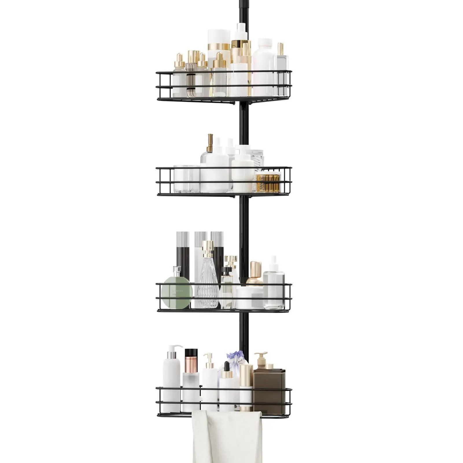 GARVEE Corner Shower Caddy Tension Pole, 76"-110" Adjustable Bathroom Organizer Shelves, 4-Tier Bathroom Shelves with Built-In Towel Bars , Black