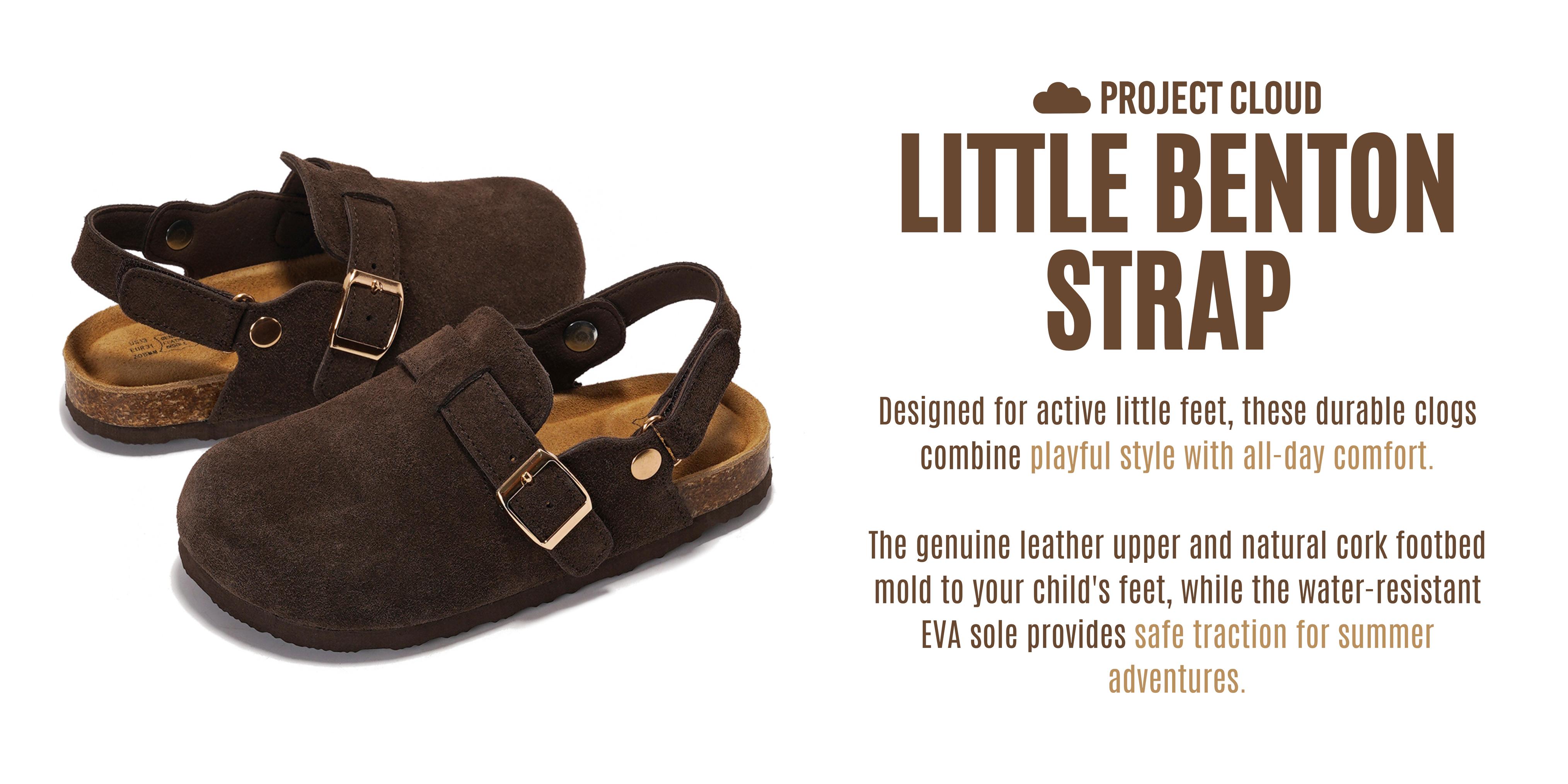 Project Cloud Kids "Little Benton Strap" Clogs for Kids Genuine Leather, Memory Foam Water Resistant Clogs Lightweight Non-Slip Girls Footwear