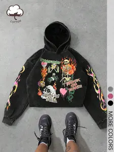 Men's Regular Short Flame Skeleton Print Washed Hoodie, Vintage Casual Street Graphic Hooded Hoodie for Fall, Fashion Men's Top for Daily Wear, Halloween Hoodie for Men