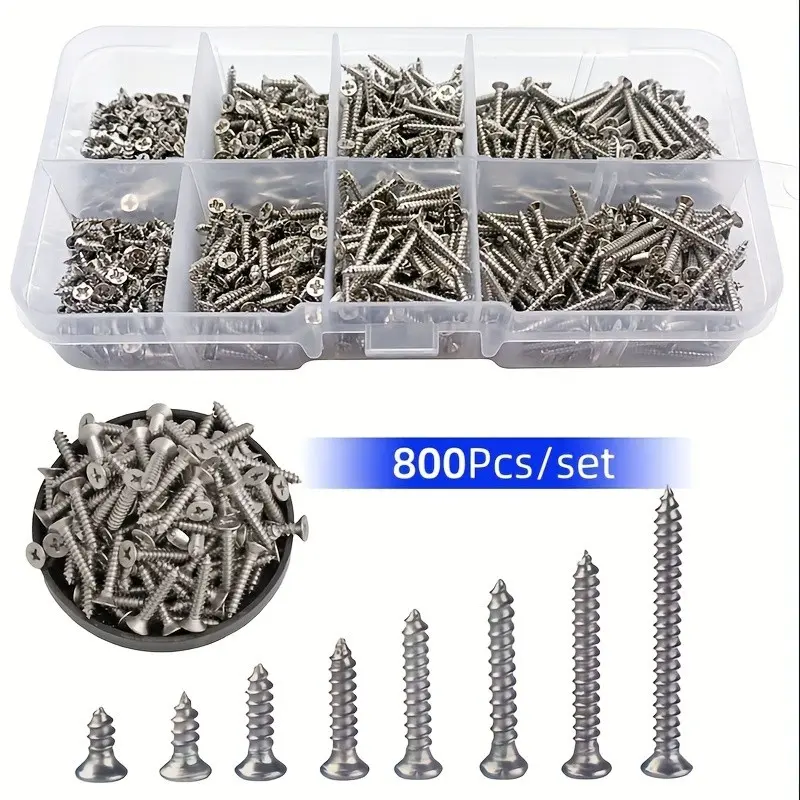 800pcs M2 Carbon Steel Nickel Plated Silver Color Self-Tapping Screws Set, High-End Combination Kit, Mixed Pack, Durable Fasteners, Hardware