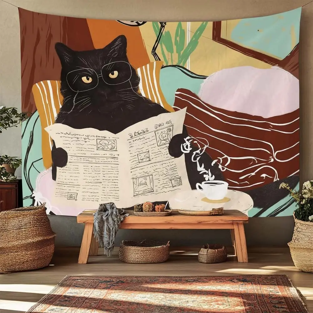Cat Reading Newspaper Wall Hanging Decor, Modern Living Room Bedroom Art Cloth, Bohemian Style Home Office Cafe Decoration