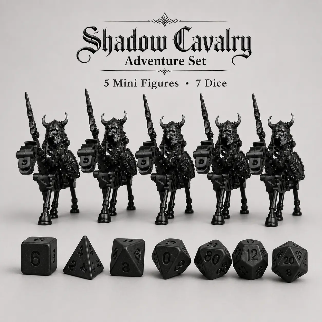 Shadow Cavalry DND RPG Polyhedral Dice Set - 7PCS Dice, 5PCS Skeleton Mini Figures, Fantasy Tabletop Gaming Accessories, Dungeon Master Campaign Collectible Gift