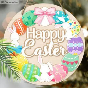 Easter Eggs Pattern Wooden Hanging Sign, 1/2 Counts Colorful Happy Easter Welcome Sign, Easter Hanging Decor for Yard Porch Wall Farmhouse Decor, Ornaments