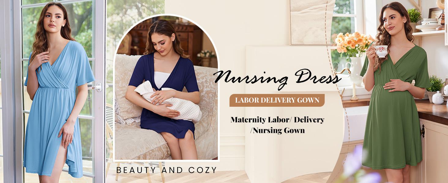 Spring womens Labor and Delivery Summer Gown for Hospital Short Sleeve Maternity Nursing Dress Nightgown with Button S-XXL Skin-friendly Comfortable Material V Neck Design for Pregnancy Postpartum