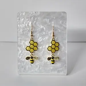 #256 Honeycomb & Bee with Rhinestones Earrings, Casual, Spring, Summer, Insect, Animal, Jewelry, Zinc Alloy