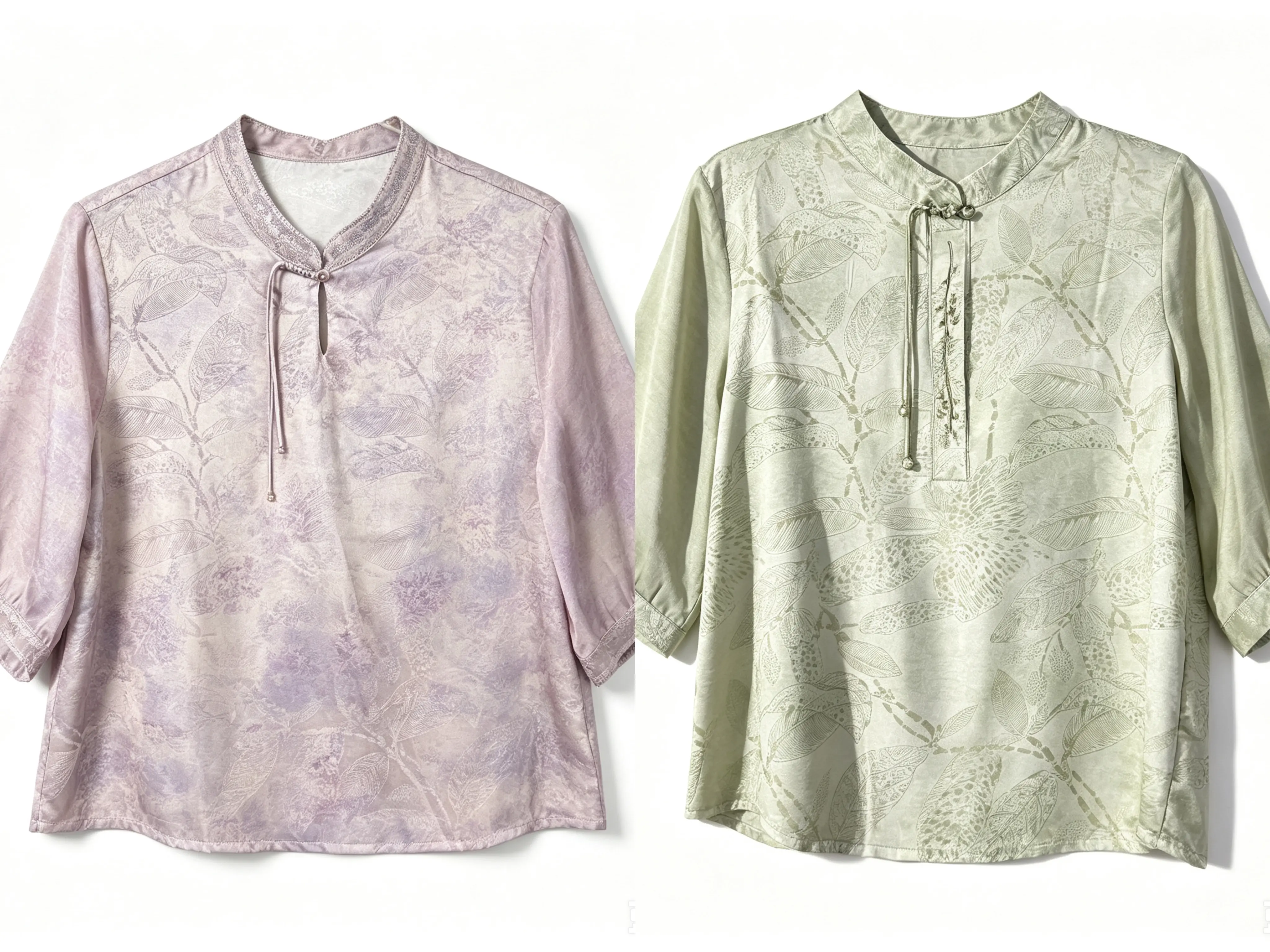 Women Luxury Mulberry Silk Qipao Top 5/4 Sleeve Sheer Chiffon Cuff Vintage Leaf Pattern Shirt