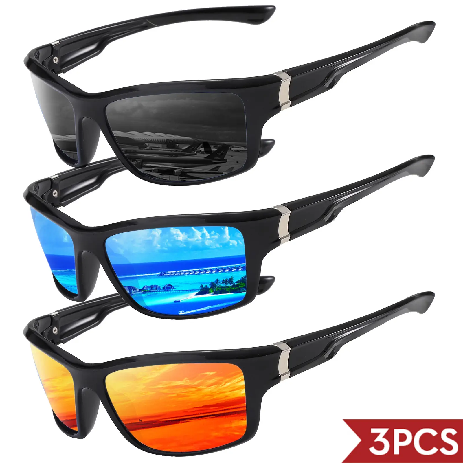 3-Pack Unisex Square Polarized Sunglasses - Western Style Lightweight Frame, UV-Protection Lens, Sun Protective Eyewear, Comfortable Design, Light Allday Wear, Ideal for Driving & Fishing, Better Visibility