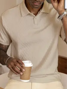 Men's Classic Plain Textured Jacquard Polo Shirt, Summer Luxurious Breathable Collared Short Sleeve T-Shirt, Casual Fitted Style, Menswear, Polo Tees