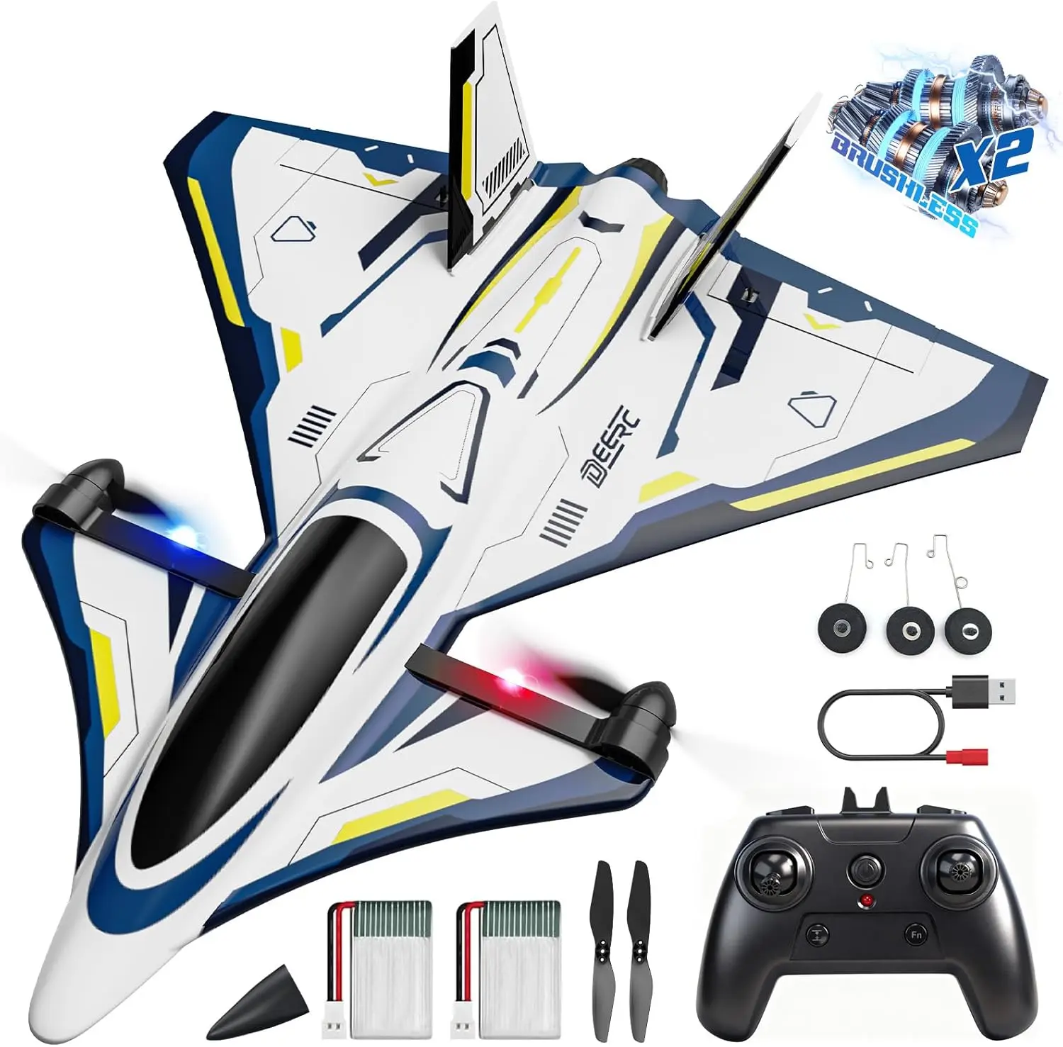 DEERC 4CH Brushless RC Plane,Sci-Fi Remote Control Jet Hobby Airplane with LED Lights RTF Aerobatic Aircraft Toys,2.4GHz 6-axis Gyro Stabilizer EPP Glider Aircraft Plane for Adults Beginners Advanced