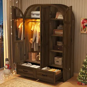 3 Doors Armoire Wardrobe Closet with Mirror and Lights, 71" Farmhouse Arched Wooden Wardrobe Cabinet with 2 Drawers,Hanging Rod, Clothing Storage Closet Cabinet for Bedroom,Light Rustic Oak/Black