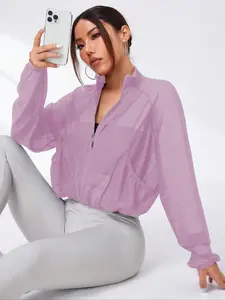 Women's High Neck Quick-Dry Mesh Yoga Jacket, Transparent Sexy Sporty Breathable Outerwear with Pockets, Casual Sporty Long Sleeve Loose Fit