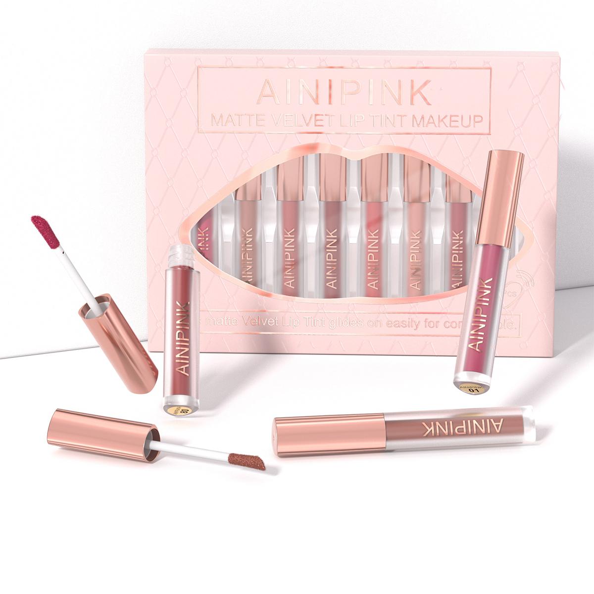 AINIPINK 8-Piece Long-Wearing Matte Velvet Lip Makeup Set, Waterproof & Smudge-Proof, Long-Lasting Cosmetics for Women