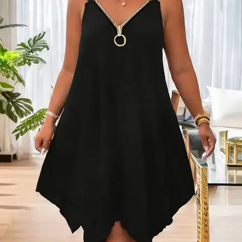 New 2026 Summer Casual Wear Figure-Flattering Women's Dress, Metal Ring Metallic Shoulder Straps, Sleeveless, V-Neck Zipper, Loose Mid-Length Vacation Style Dress, Loose Fitting Sundress