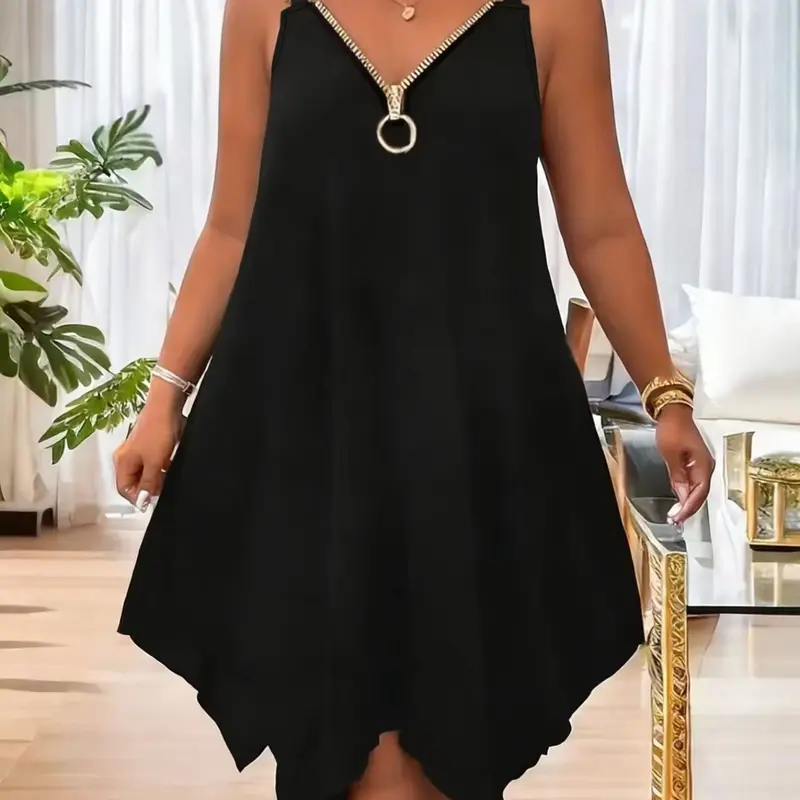 New 2026 Summer Casual Wear Figure-Flattering Women's Dress, Metal Ring Metallic Shoulder Straps, Sleeveless, V-Neck Zipper, Loose Mid-Length Vacation Style Dress, Loose Fitting Sundress