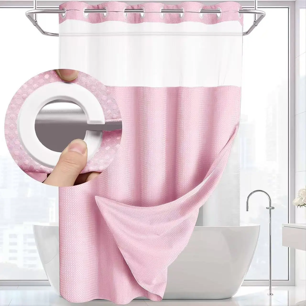 Grey Double Layer Hookless Fabric Waterproof Shower Curtain Set - Adjustable Straight Bathtub Partition Curtain for Hotel Bathrooms