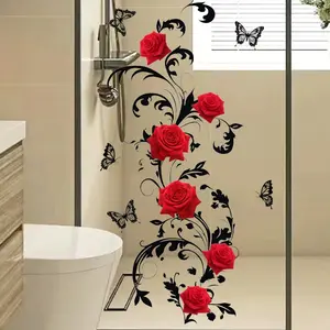 Rose Flower Butterfly Bathroom Door Sticker, Self-Adhesive Wall Decal for Bathtub and Bedroom Background, Decorative Home Decoration