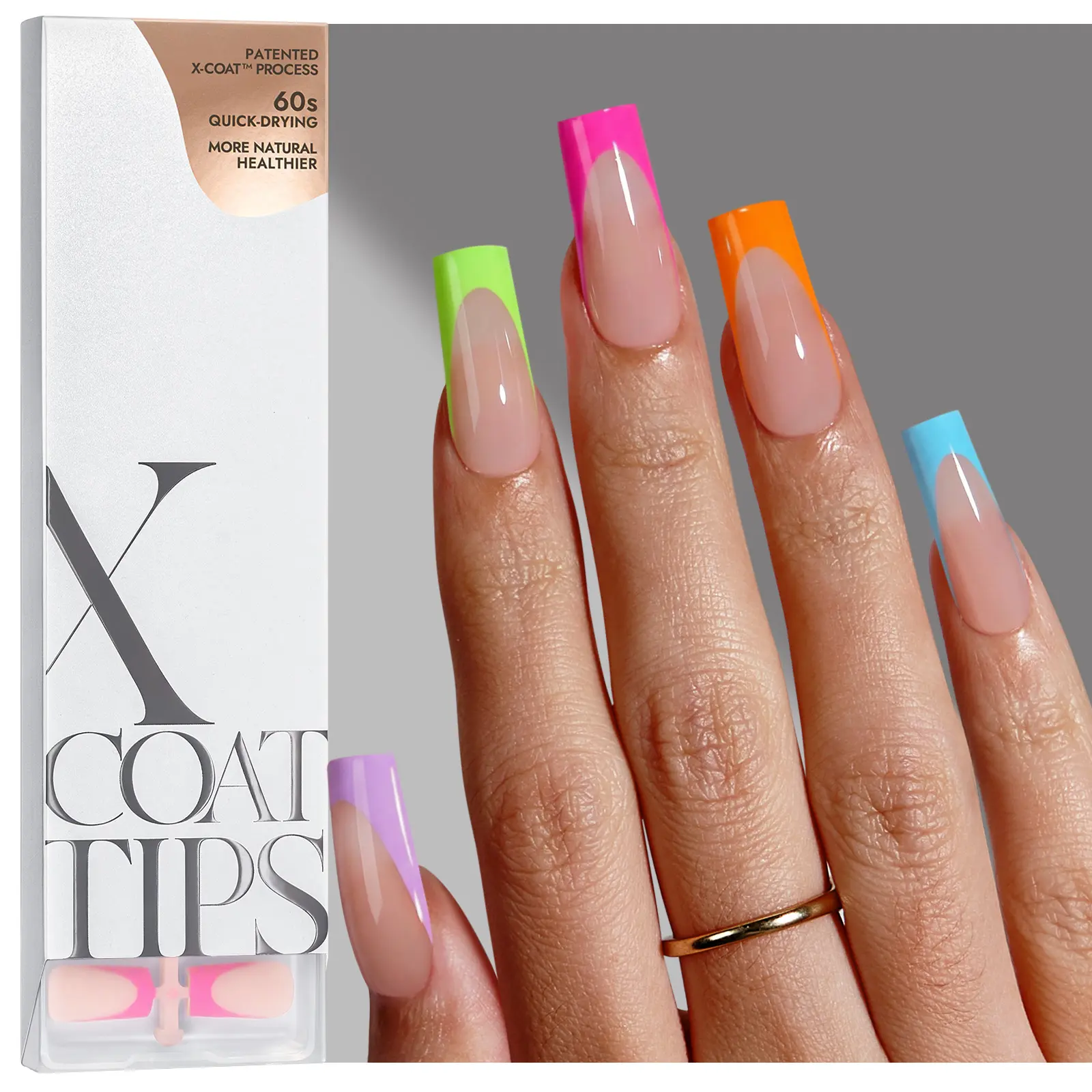 BTArtboxnails XCOATTIPS Press on Nails - 150pcs Brighter pastel Long Square or Almond or Coffin French Tips, Brighter pastel Soft Gel False Nail, Soak Off Acrylic Fake Nails Extensions