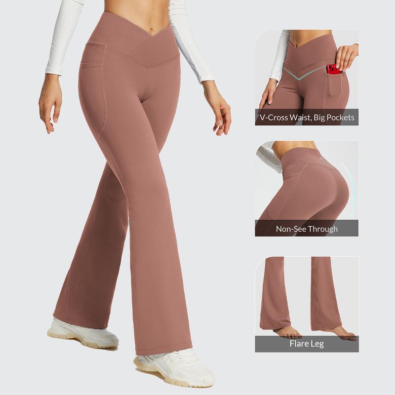 baleaf 29''/32''/34'' inseam Women Flare Leggings Crossover V-Cut Yoga Pants Flare Khakis High Waist Casual Workout Lounge Tall Bottom Pockets Petite Girls Forbidden Pants