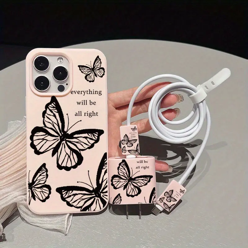 Liquid Hole iPhone Case Set, Everything Will Be Alright Design, Shockproof, Includes Charger Cover & Cable Protector, Fits iPhone 15 Series