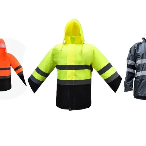 Hi Visibility unlined Safety reflective Rain Jacket  with hoodie SEE DESCRIPTION FOR SIZES INFORMATION  (Jacket) Unlined water resistant jacket