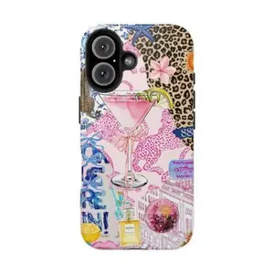 Retro Cocktail Collage Phone Case - Y2K Leopard Print Aesthetic Case - Eclectic Martini Art Phone Case - Pink Martini & Leopard Vibes Phone Cover for iPhone