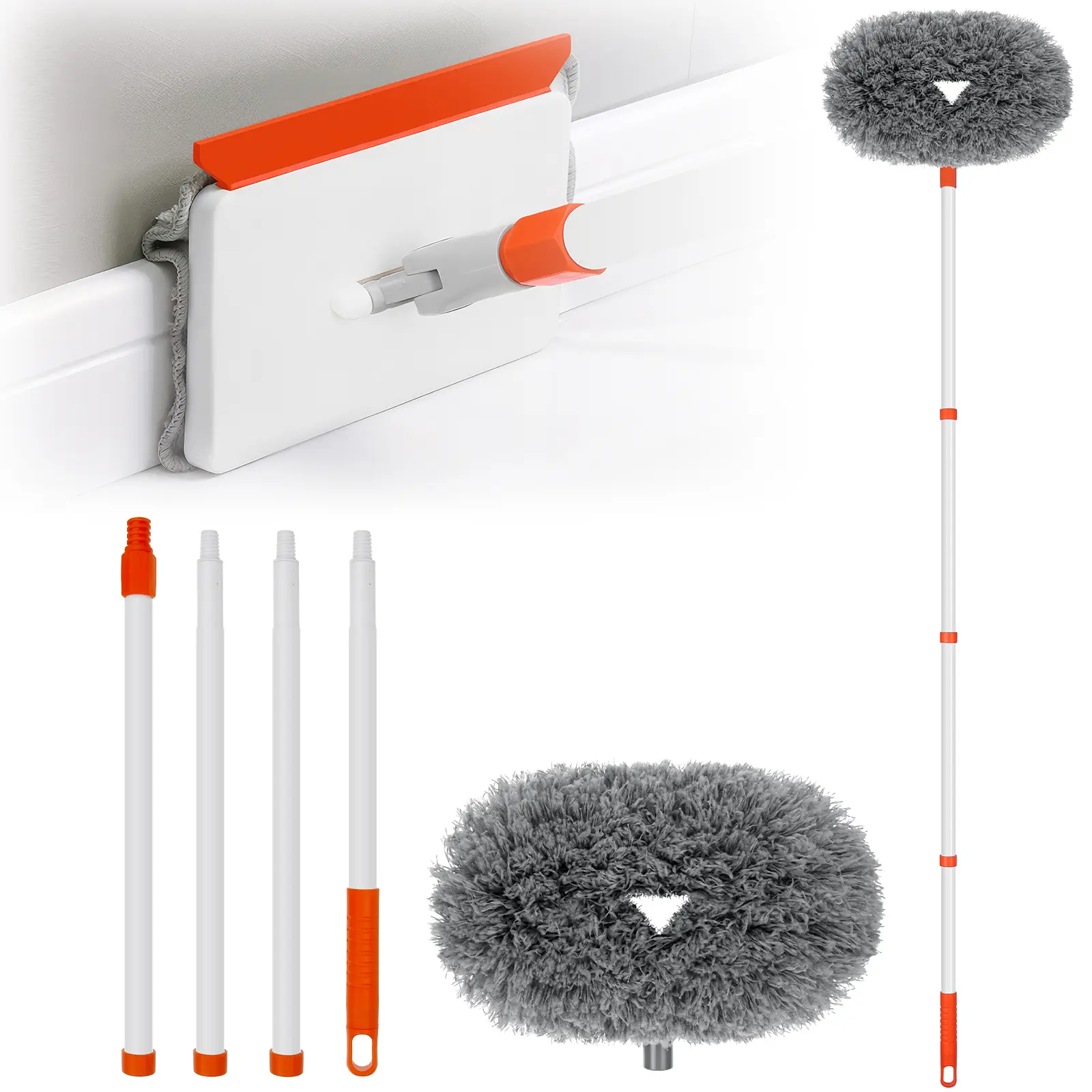 Qaestfy 2-in-1 Eco-Friendly Baseboard Cleaner Tool - Extendable Long Handle (Up to 56"/143cm), Washable Reusable Pads, Built-in Squeegee, Streak-Free Cleaning for Baseboards, Ceiling Fans, Cost-Effective Home Care (Gray)