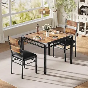 Dining Table Set for 2 with Corner Protector, Kitchen Table with 2 Upholstered Chairs, for Small Space, Dining Room, Apartment，Rustic Brown