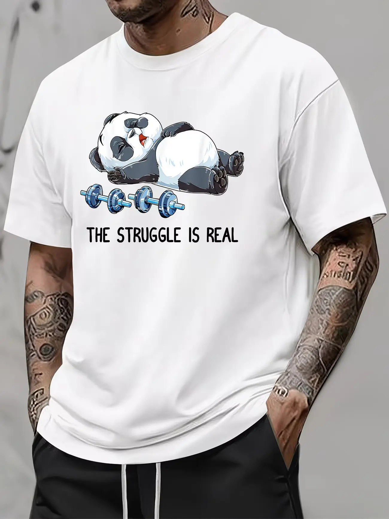 Crew Neck Graphic T-Shirt, Lazy Sleepy Panda Dumbbell Fitness Chest Tee, Funny Gym Cartoon Short Sleeve, Soft Cotton Loose Fit Top, Unisex Workout Casual Streetwear Outfit for Men