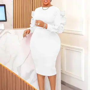 Elegant  Women Dresses White Party Dress Sexy Long Lace Sleeve Peplum Knee Length Christmas Event Evening Africa Gowns Formal Womenswear(Sheets)