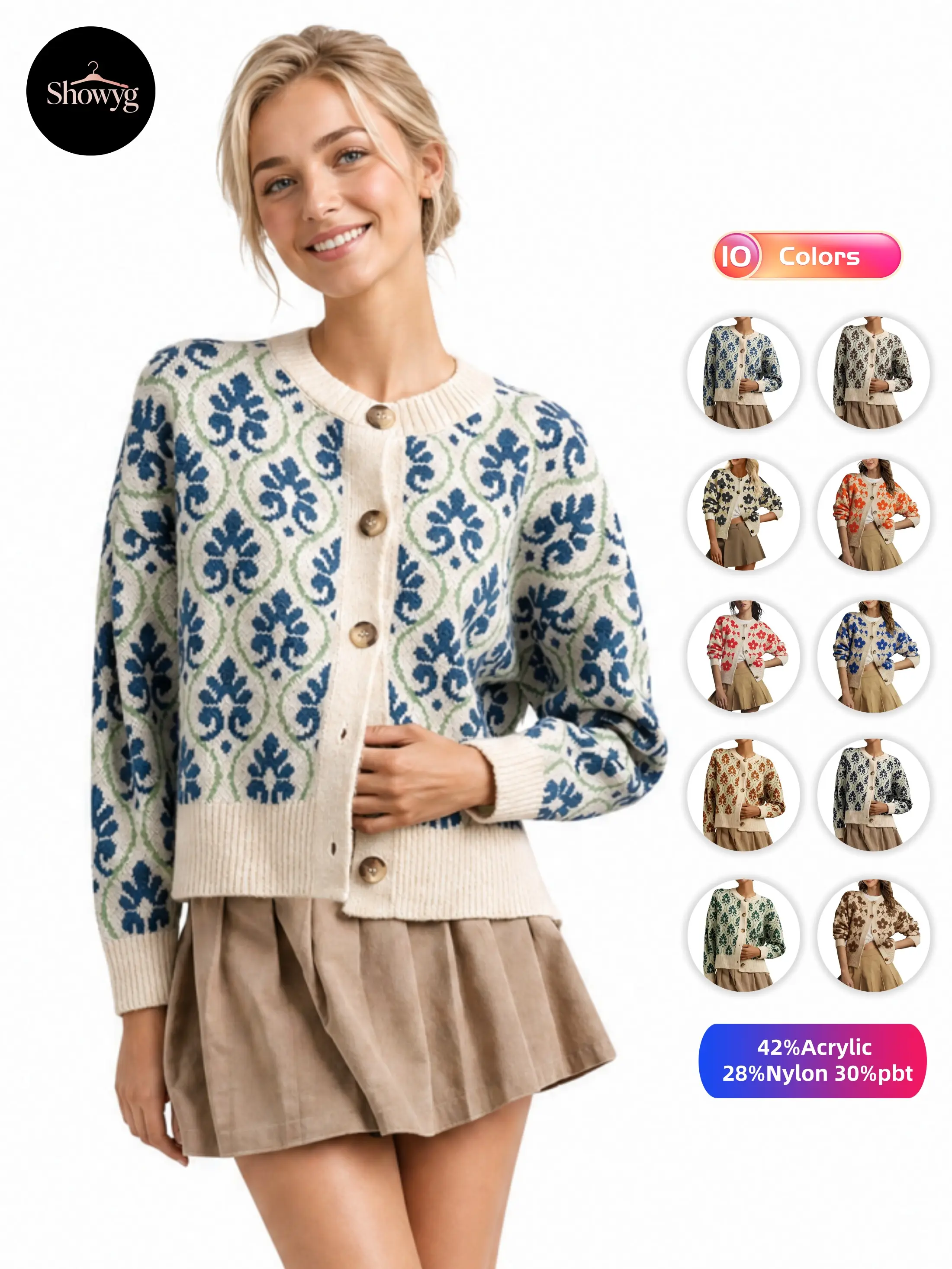Showyg Women Floral Cardigan Sweater Open Front Long Sleeve Button Down Knit Sweater Vintage Outerwear