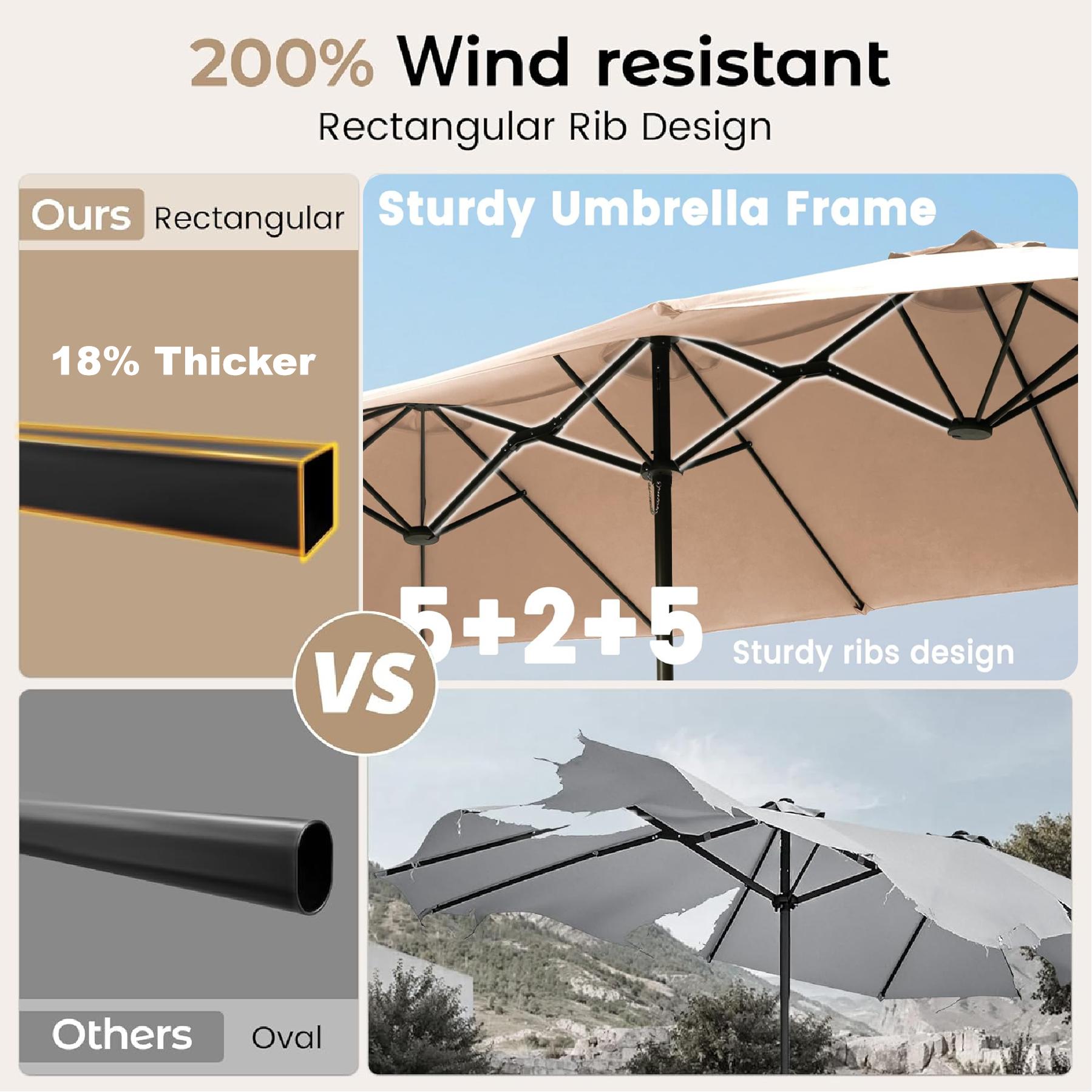 Walsunny 15 ft Large Patio Umbrella with Base Include, Double Sided Outdoor Rectangular Patio Parasol Stands& Bases with Crank Handle for Pool Garden Backyard,Khaki