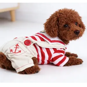 Cozy All-Season Puppy Jumpsuit Soft Teddy Bear Costume for Small Dogs Poodle Bichon Red White Stripes Nautical Anchor Patch