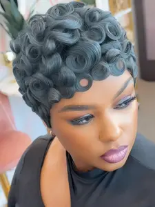 Women Short Wavy Curly Pixie Cut Full Machine Made Human Hair Wigs, Stylish Daily Wear Brazilian Wig
