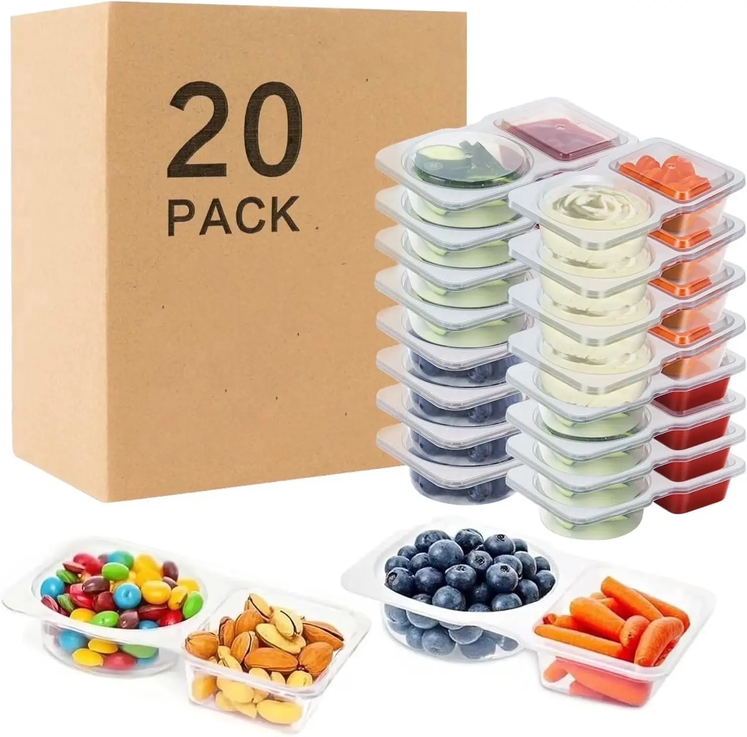 20-Pack Plastic Reusable Stackable 2-Compartment Kitchen Snack Storage Containers with Lids - Leakproof, Portable for Kids' School Lunches, Portion Management, Meal Prep