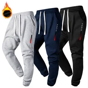 Male Athletic Cold-Weather Paris Letter Print Fleece-Lined Full-Length Sweatpants, Running Streetwear Joggers with Adjustable Waist & Drawstring Fit, Casual Warm Sports Bottoms