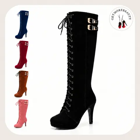getmorebeauty Women's Wide Calf Knee-High Suede Boots - 3.15 in Heels, Buckle, Rock Lace-Up, Zip, PU Leather, Chic Retro Style, Customized Fit, Rubber Sole, Durable Soft Footwear, Crystal Accents, Luxurious Design